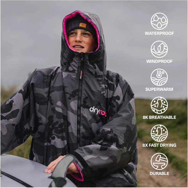 2026 Dryrobe Advance Langærmet Omklædningskåbe DALSV3  Sort Camouflage / Pink